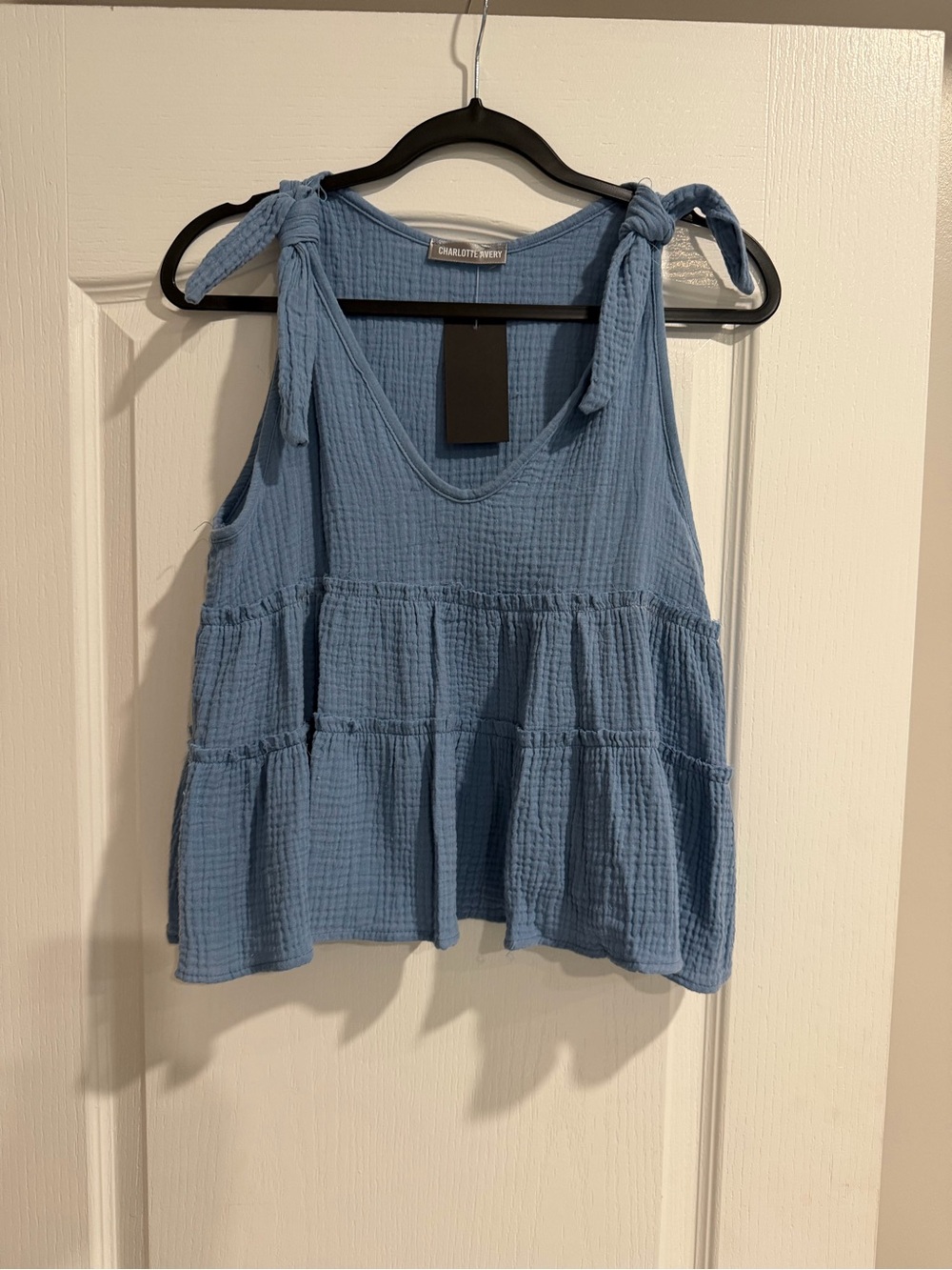 Tie-Shoulder Tiered Gauze Tank Top - Light Blue